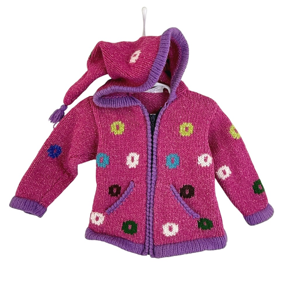 Norsk Wear HAND KNIT‎ Ecuador Pink FLORAL Wool Zip Up Hoodie GIRL 2 TODDLER